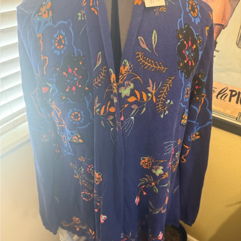 Anthropologie Sleeping in Slow Floral Embelished Blue Cardigan